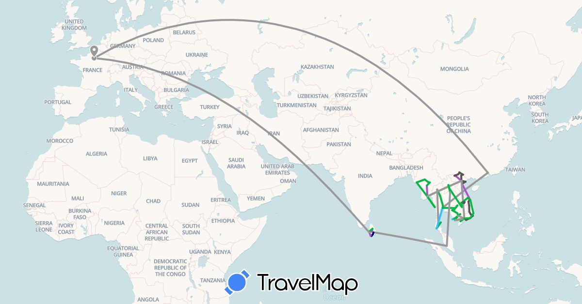 TravelMap itinerary: driving, bus, plane, train, boat, motorbike in China, France, Cambodia, Laos, Sri Lanka, Myanmar (Burma), Malaysia, Thailand, Vietnam (Asia, Europe)